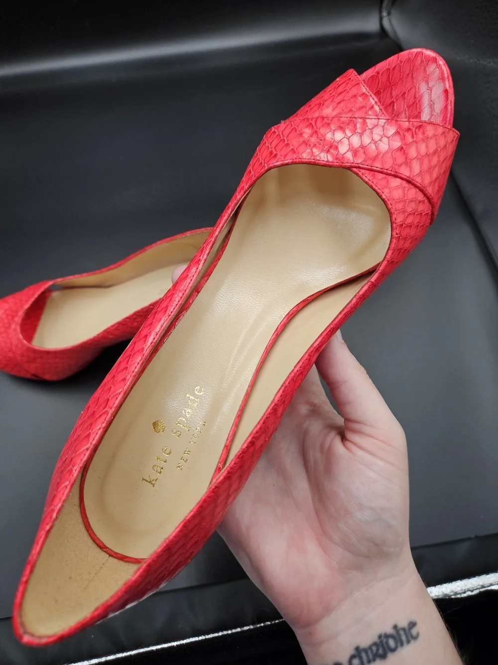 Kate Spade New York Red Snakeskin Embossed Peep Toe Heels Size 9B Made in Italy